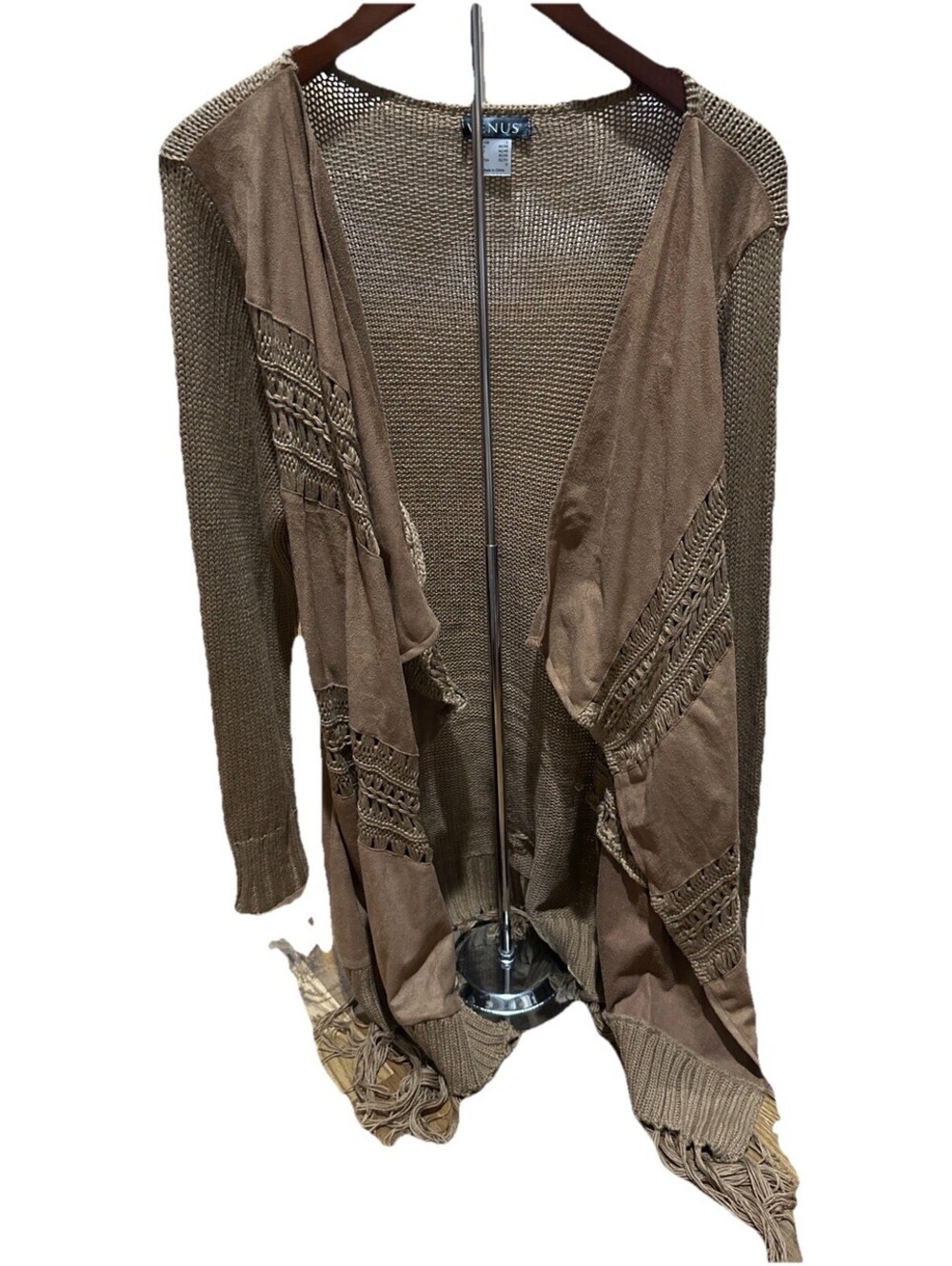Venus Crochet Faux Suede Fringe Cardigan Open Women’s Large Raw Umber Brown Boho